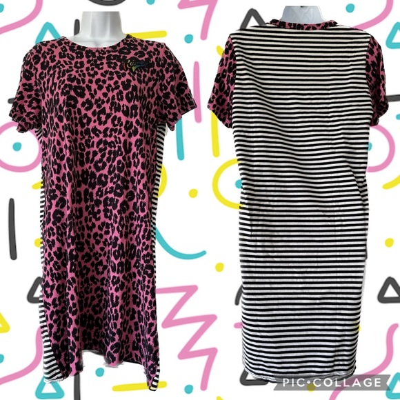 Marc Jacobs Rainbow Pink Leopard Black & White Stripe Clash Shirt Dress M - Picture 1 of 5